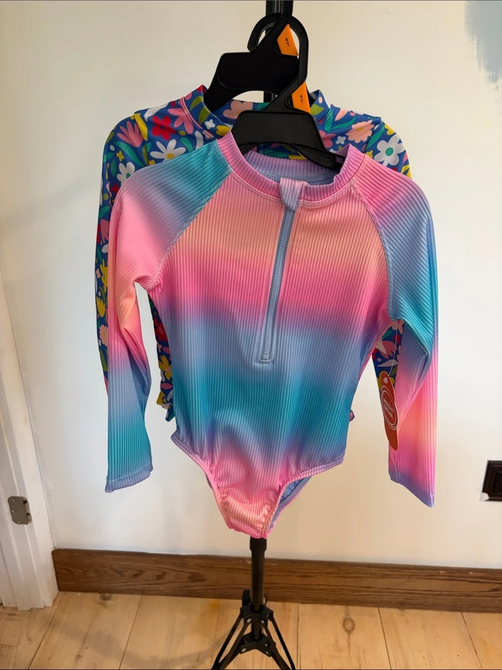 Lot of 2 Girls Long-Sleeve Rash Guard Swimsuits-NWT Size 4T-Floral and Tie Dye